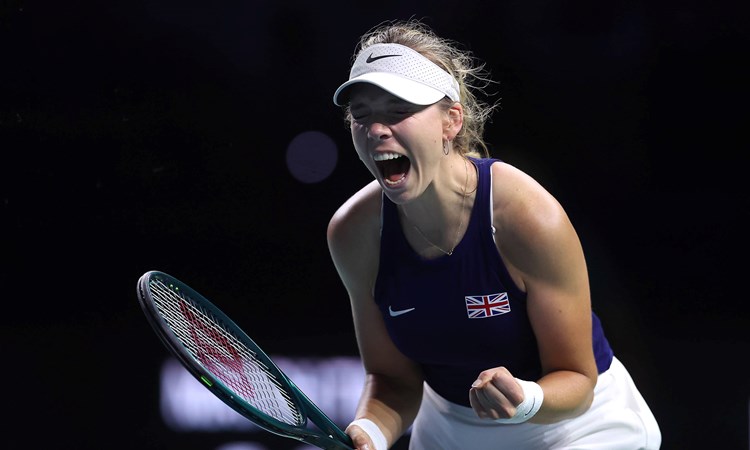 Katie Boulter celebrates Great Britain's win over Canada at the Billie Jean King Cup