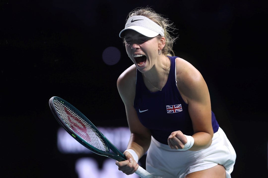 Katie Boulter celebrates Great Britain's win over Canada at the Billie Jean King Cup