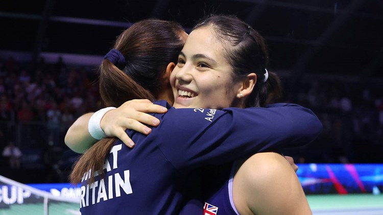 Emma Raducanu and Anne Keothavong hug after Great Britain beat Canada at the Billie Jean King Cup