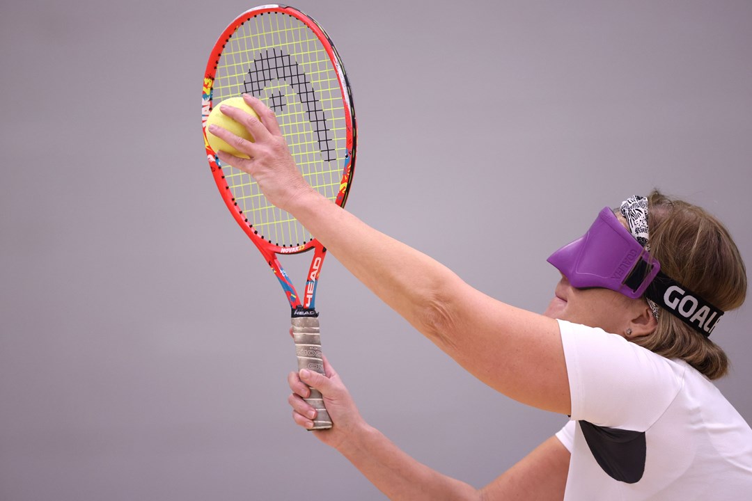 Monica Smith plays against Yvette Preiestly during Visually Impaired Tennis National Finals 2022 match at Wrexham Tennis Centre on November 20, 2022 in Wrexham, Wales.