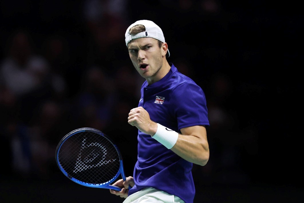 Jack Draper fist pumps after winning a point on his Davis Cup debut against Thanasi Kokkinakis