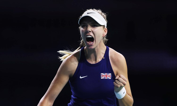 Katie Boulter celebrates winning the opening set against Rebecca Sramkova at the Billie Jean King Cup