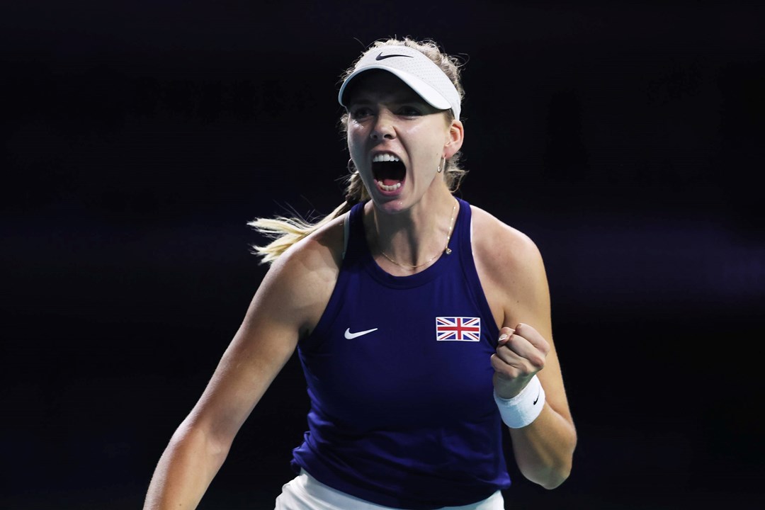 Katie Boulter celebrates winning the opening set against Rebecca Sramkova at the Billie Jean King Cup