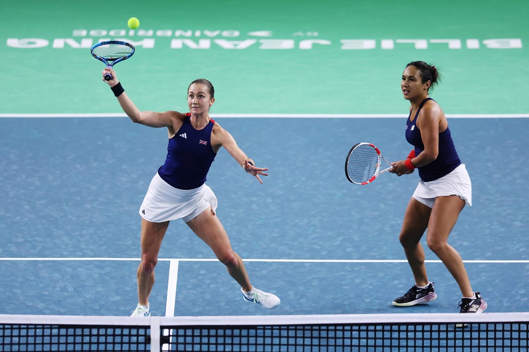 Olivia Nicholls lines up a volley in the deciding doubles rubber against Slovakia at the Billie Jean King Cup