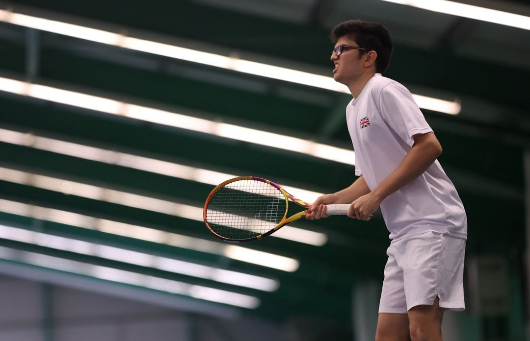 Ivan Rodriguez-Deb pictured on court during the Visually Impaired Tennis National Finals 2023 at the Wrexham Tennis Centre, Wrexham.