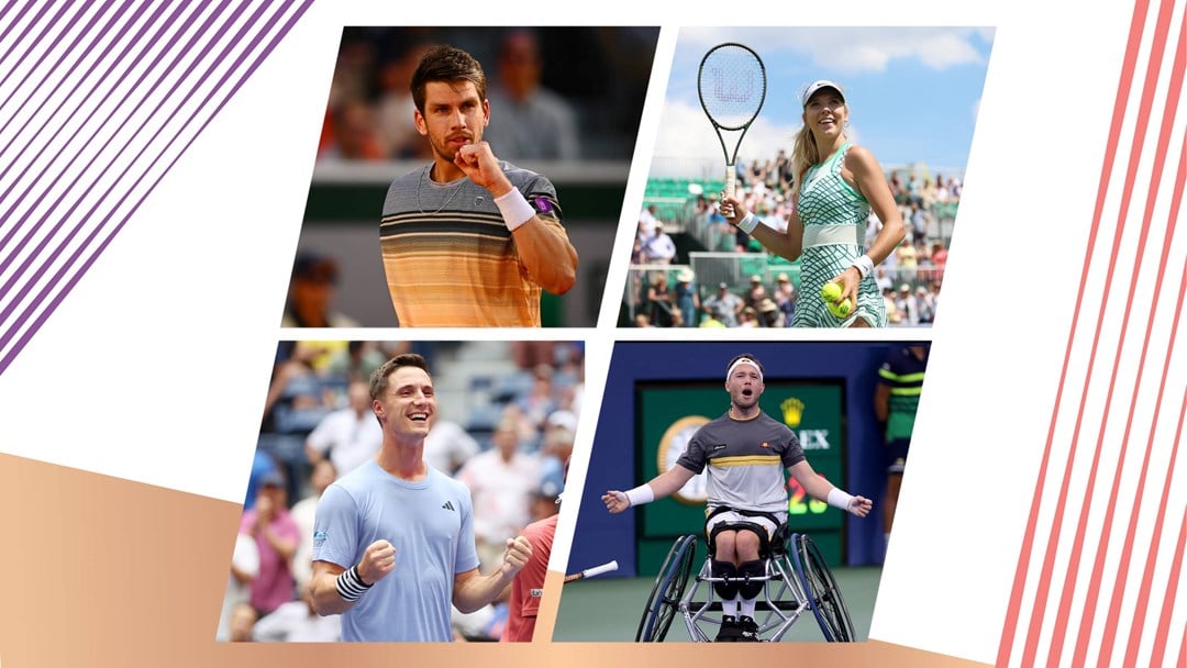 A graphic image of British tennis players Cam Norrie, Katie Boulter, Joe Salisbury and Alfie Hewett as winners of the LTA 2024 Player of the Year awards