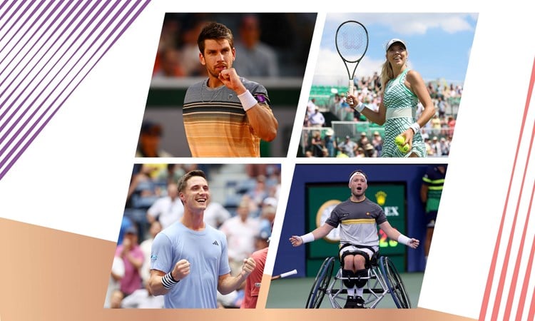 A graphic image of British tennis players Cam Norrie, Katie Boulter, Joe Salisbury and Alfie Hewett as winners of the LTA 2024 Player of the Year awards