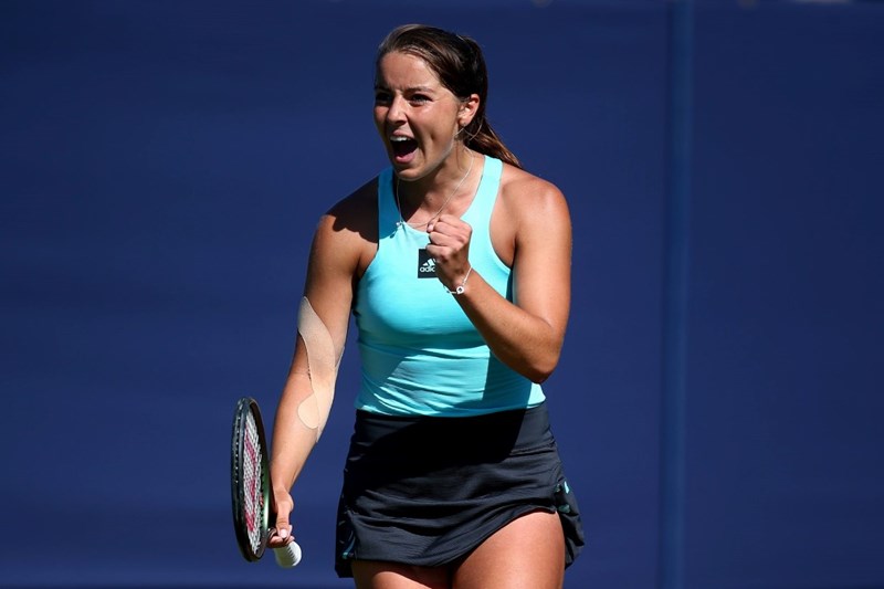 Jodie Burrage celebrating a career best win at the Rotehsay International Eastbourne