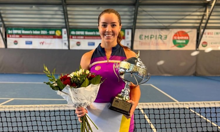 Jodie Burrage with the runners-up trophy at the W75 Trnava