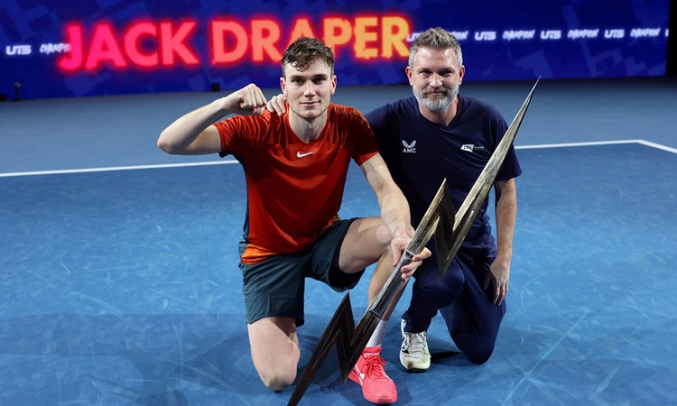 Jack Draper and James Trotman pose with teh Ultimate Tennis Showdown trophy