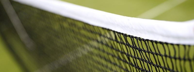 Detailed view of a tennis net on a grass court