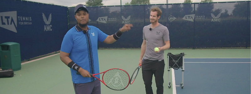 Chunkz and Andy Murray holding rackets