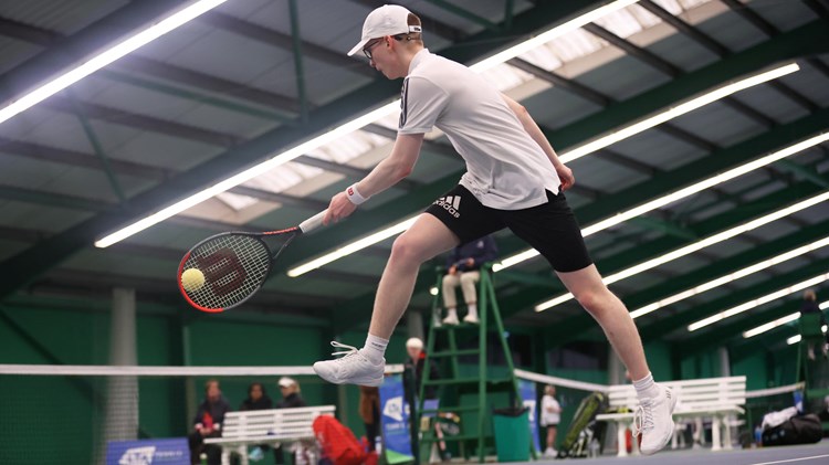 WREXHAM, WALES - NOVEMBER 19: Ewan Hayward competes during the Visually Impaired Tennis National Finals 2023 at Wrexham Tennis Centre on November 19, 2023 in Wrexham, Wales.