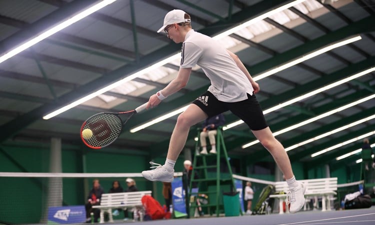 WREXHAM, WALES - NOVEMBER 19: Ewan Hayward competes during the Visually Impaired Tennis National Finals 2023 at Wrexham Tennis Centre on November 19, 2023 in Wrexham, Wales.