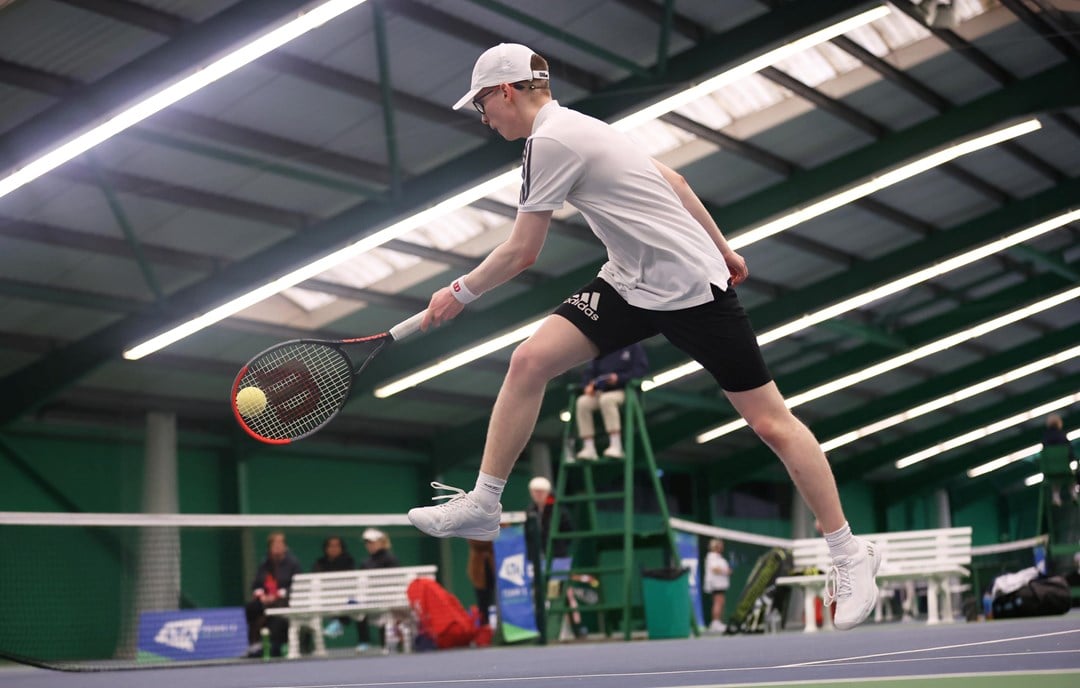 WREXHAM, WALES - NOVEMBER 19: Ewan Hayward competes during the Visually Impaired Tennis National Finals 2023 at Wrexham Tennis Centre on November 19, 2023 in Wrexham, Wales.