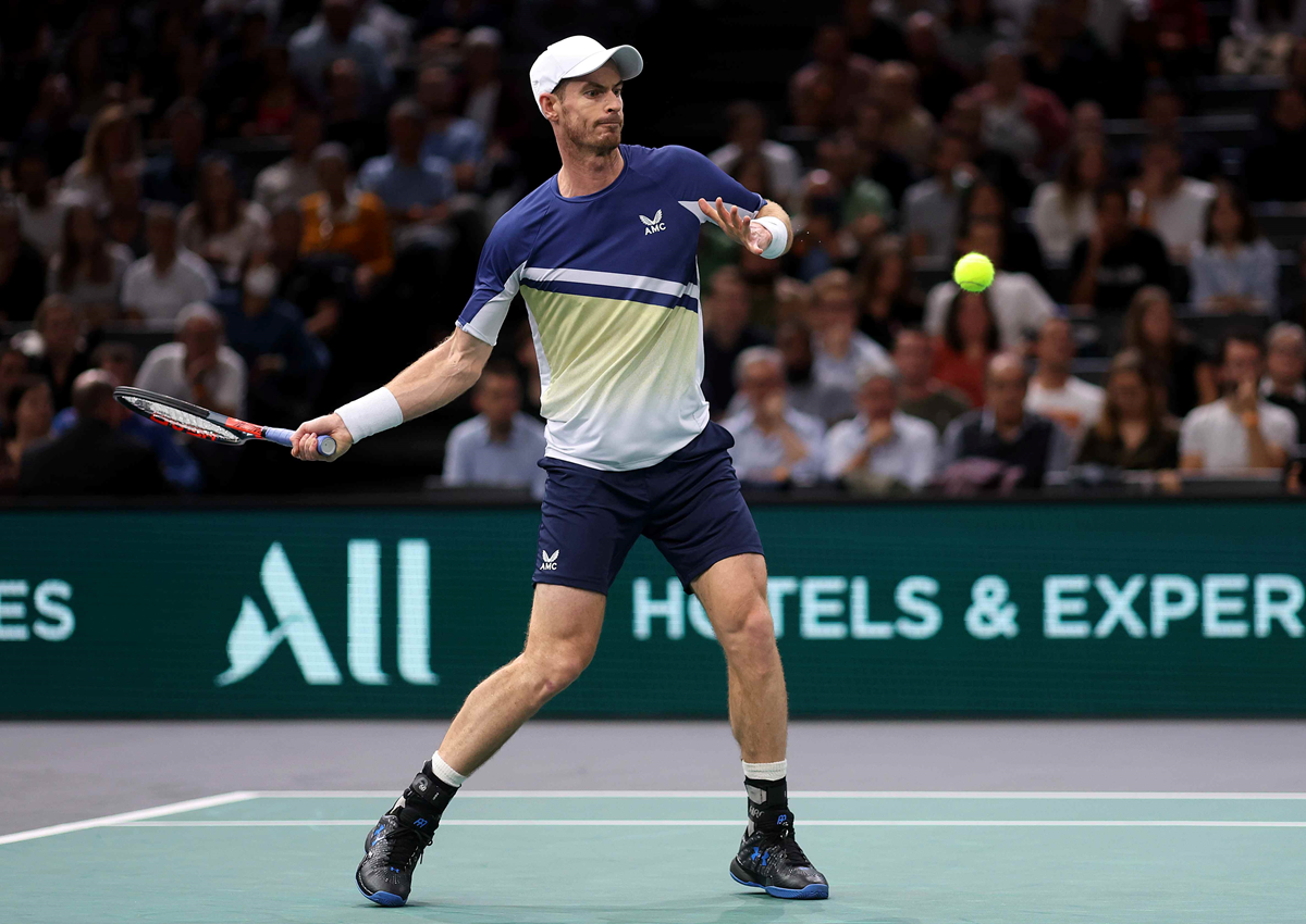 Andy Murray hitting a forehand at the Paris Masters this year