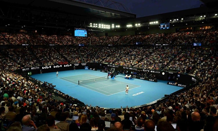 Australian Open crowd looking on watching two players on centre court