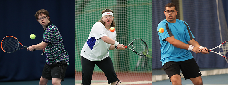 Three people with learning disabilities playing tennis