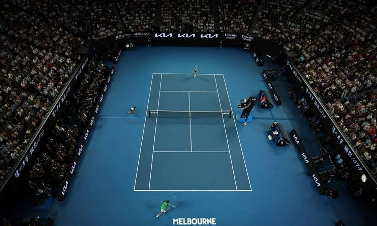 An overhead view of the 2024 Australian Open mens singles final on the Rod Laver Arena