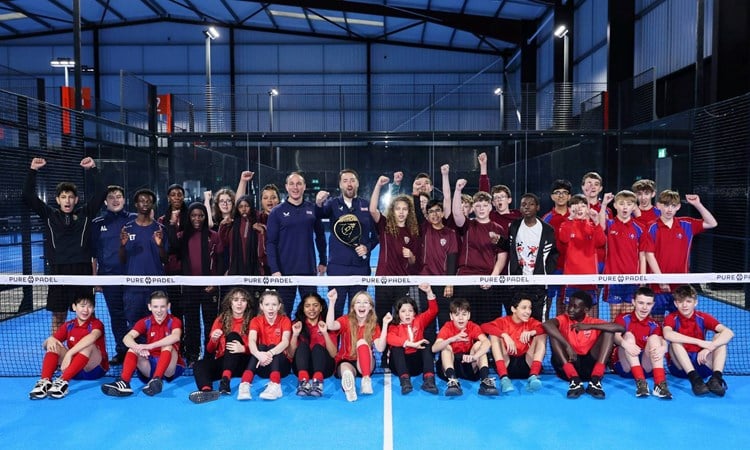 Jason Manford with a group of secondary school kids at an event at Pure Padel, Manchester