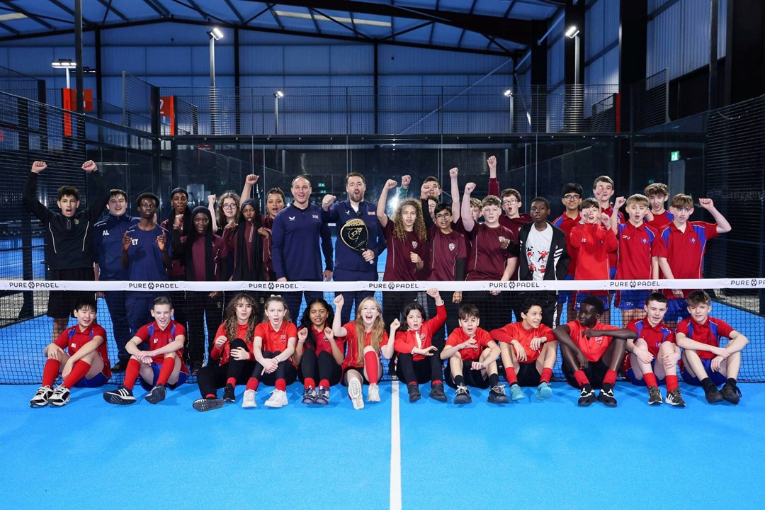 Jason Manford with a group of secondary school kids at an event at Pure Padel, Manchester