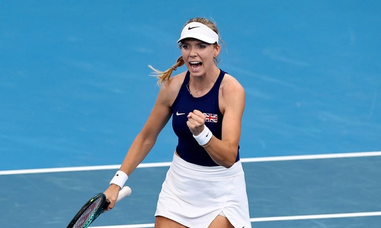 Katie Boulter gives a fist pump after winning her opening rubber against Argentina at the United Cup