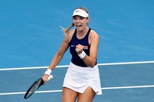 Katie Boulter gives a fist pump after winning her opening rubber against Argentina at the United Cup